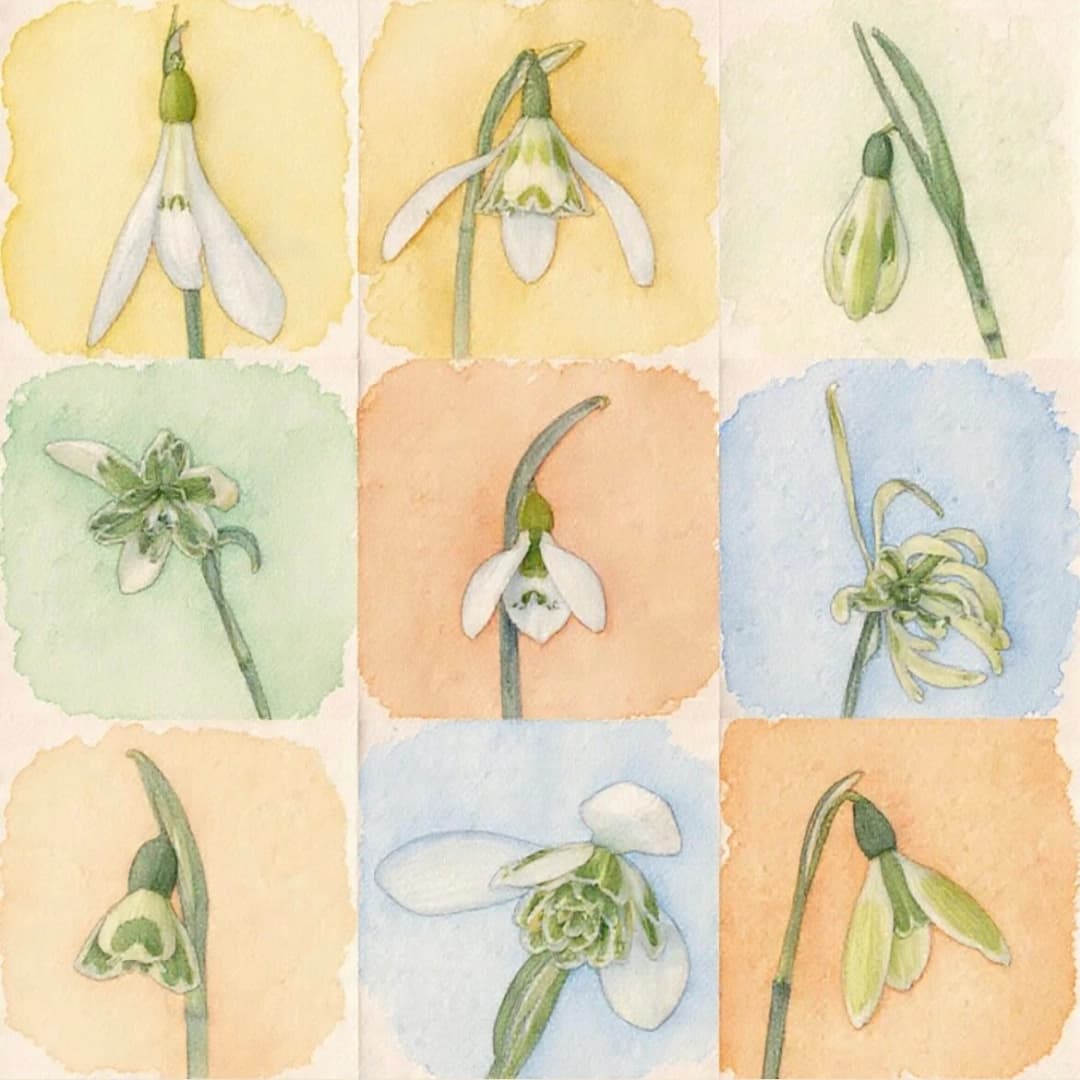 Greetings Card - Green & White Snowdrops Watercolour Effect - White (Free P&P)