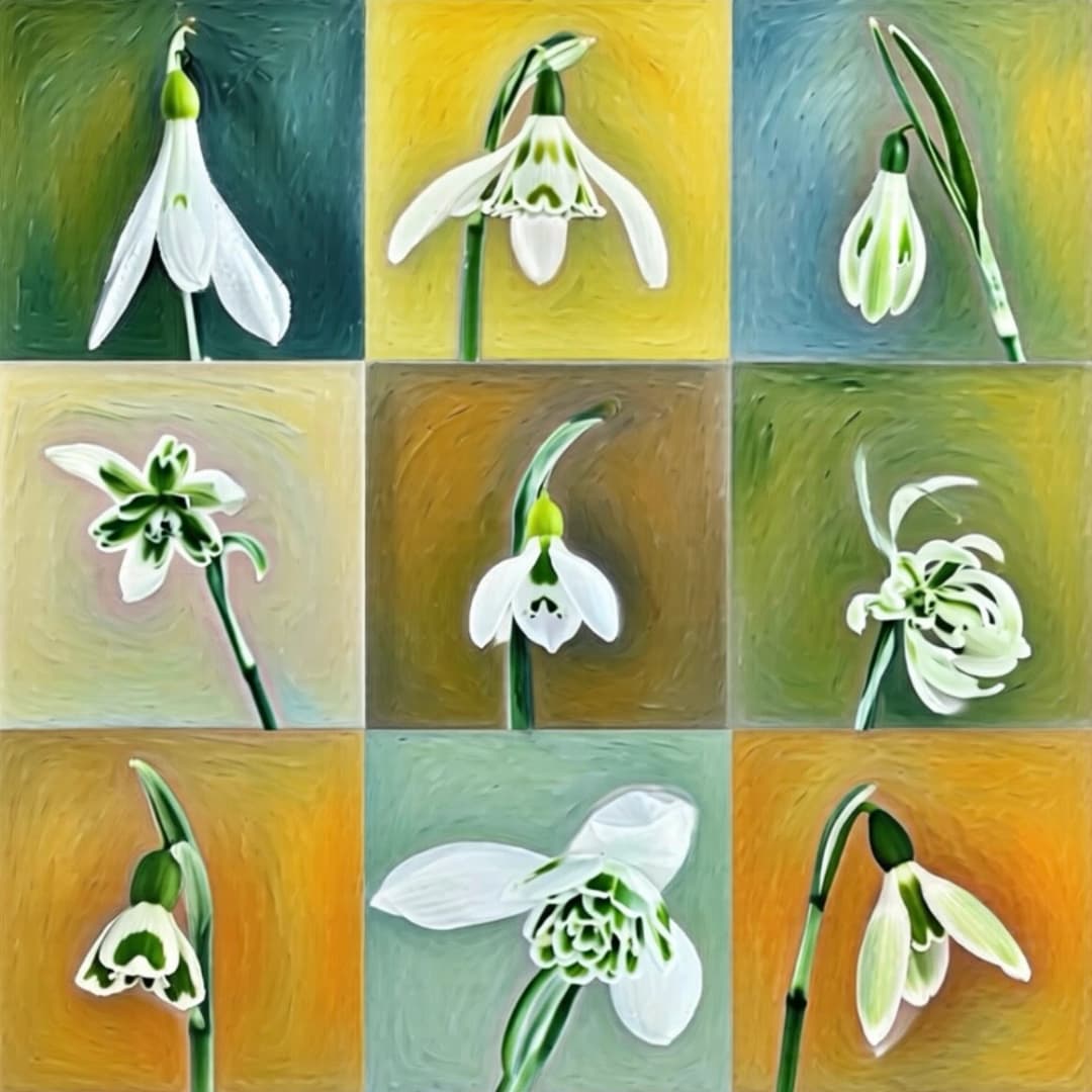Greetings Card - Green & White Snowdrops Oil Painting Effect - Natural (Free P&P)
