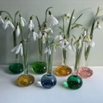 Greeting card showing 7 vintage glass bubble vases with snowdrops comes with white envelope